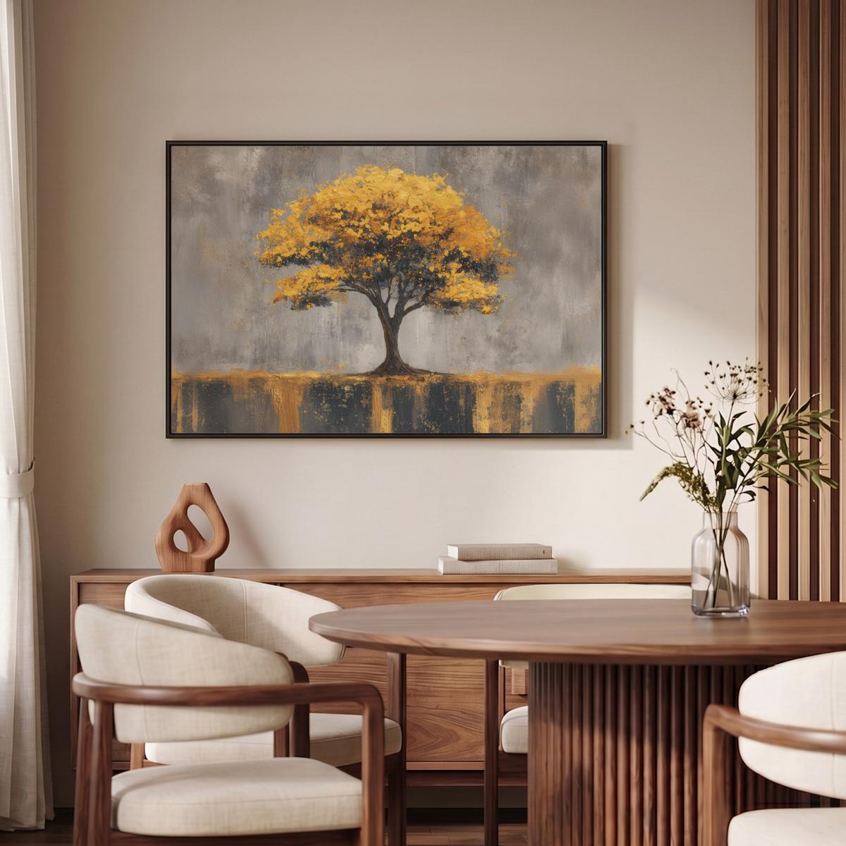 LEINWAND Bilder mit Rahmen - Baum - Blätter - Gold - Abstrakt - 90x60 - Grau, Textil (90/60cm) - MuchoWow