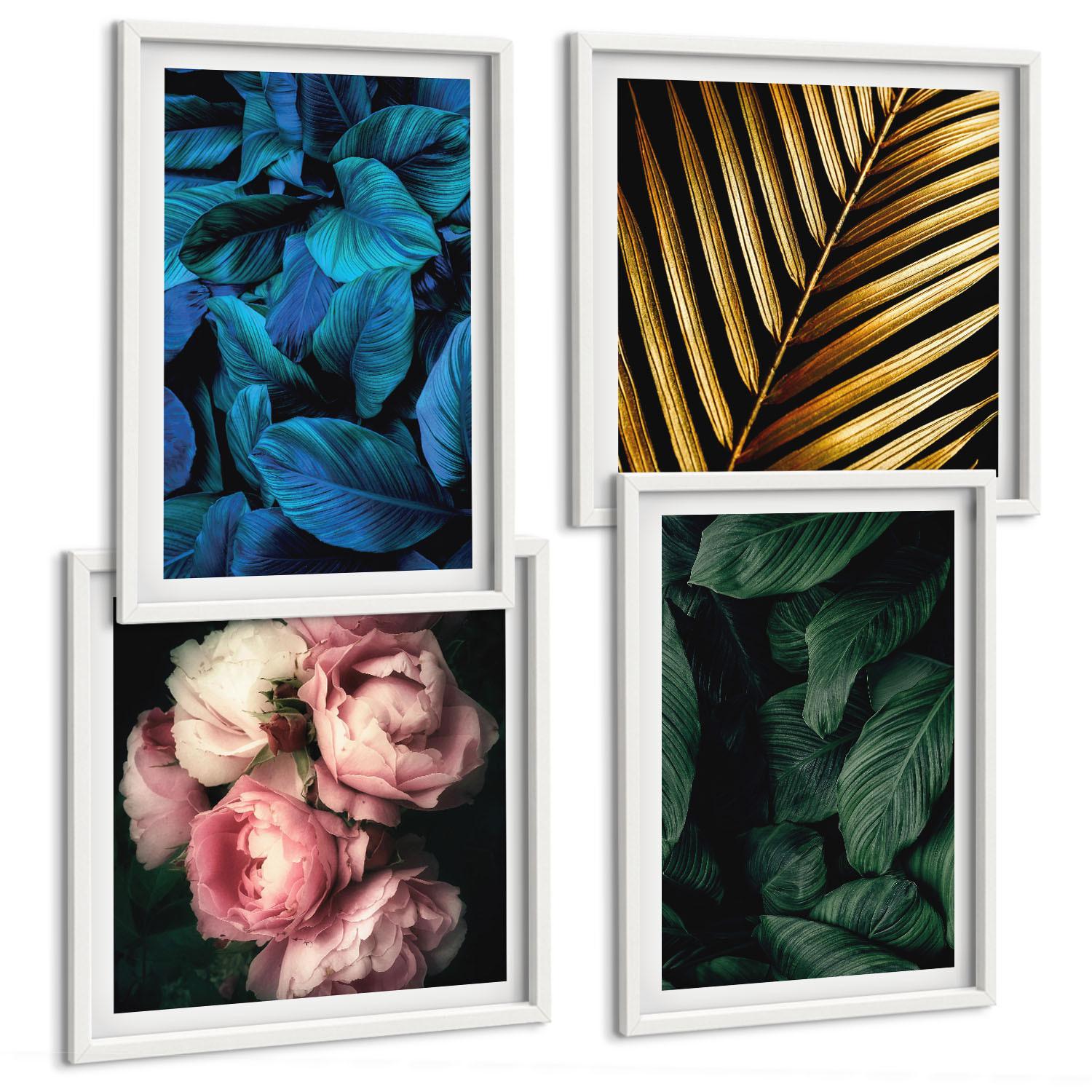 BILDER SET 4er Set - 50x50 cm & 40x60 cm Weißer Rahmen - Blätter und Blüten in verschiedenen Farben - Weiß, Kunststoff (50/50cm) - TULUP