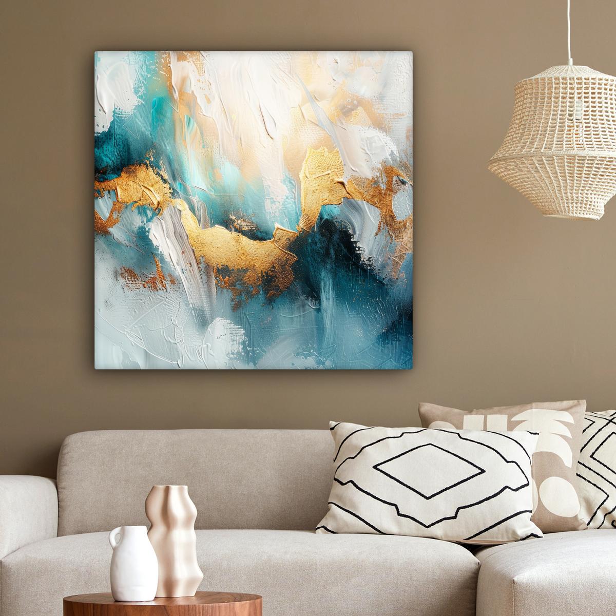 LEINWANDBILD Abstrakt - Kunst - Gold - Blau Deko Groß 90x90 cm - Petrol, Textil (90/90cm) - MuchoWow