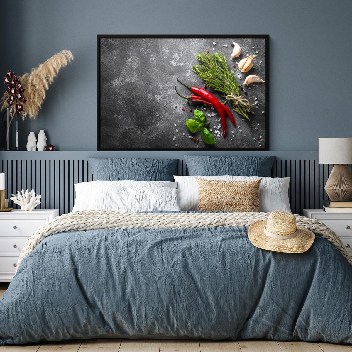 POSTER MIT RAHMENGERAHMTES BILD Pfeffer - Kräuter - Gewürze - Beton 120x80 cm - Dunkelgrau, Papier (120/80cm) - MuchoWow