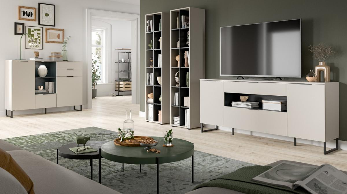 WOHNWAND kaschmir, schwarz 3-teilig 305 cm, Komplettset mit Soft-Close-Funktion - Kaschmir/Schwarz, Holzwerkstoff/Kunststoff (305/192/41cm) - Inn.Furn