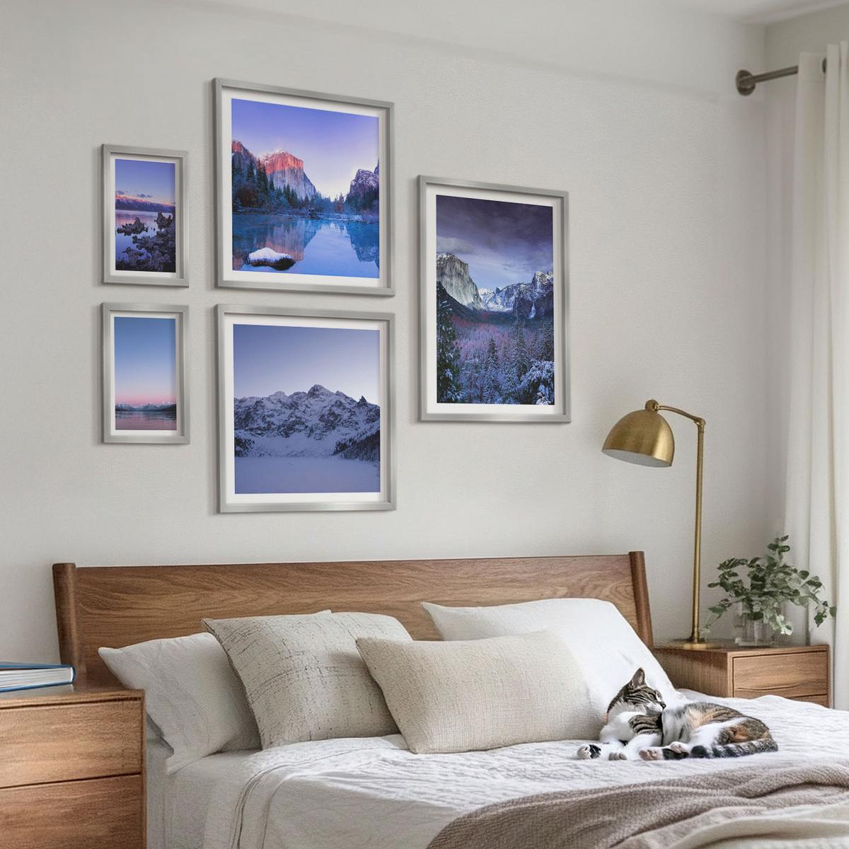 BILDER SET 5er Set - 50x50 cm & 20x30 cm & 40x60 cm Silberner Rahmen - Berglandschaften, Sonnenuntergang, Wasser - Silberfarben, Kunststoff (40/60cm) - TULUP