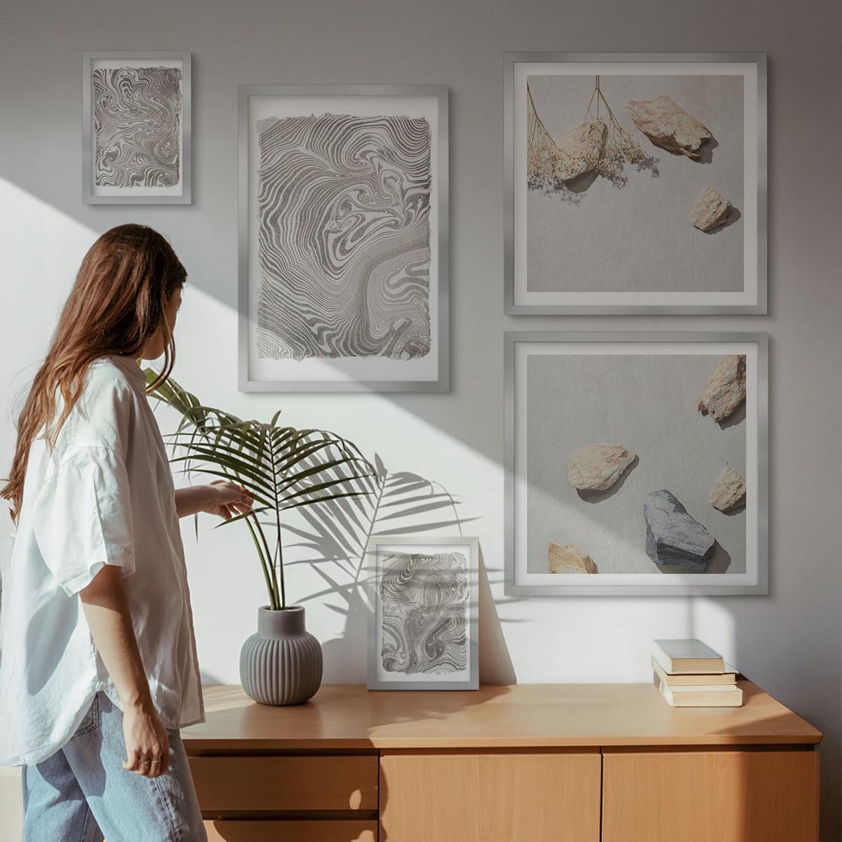 BILDER SET 5er Set - 50x50 cm & 20x30 cm & 40x60 cm Silberner Rahmen - Moderne abstrakte Formen - Silberfarben, Kunststoff (40/60cm) - TULUP