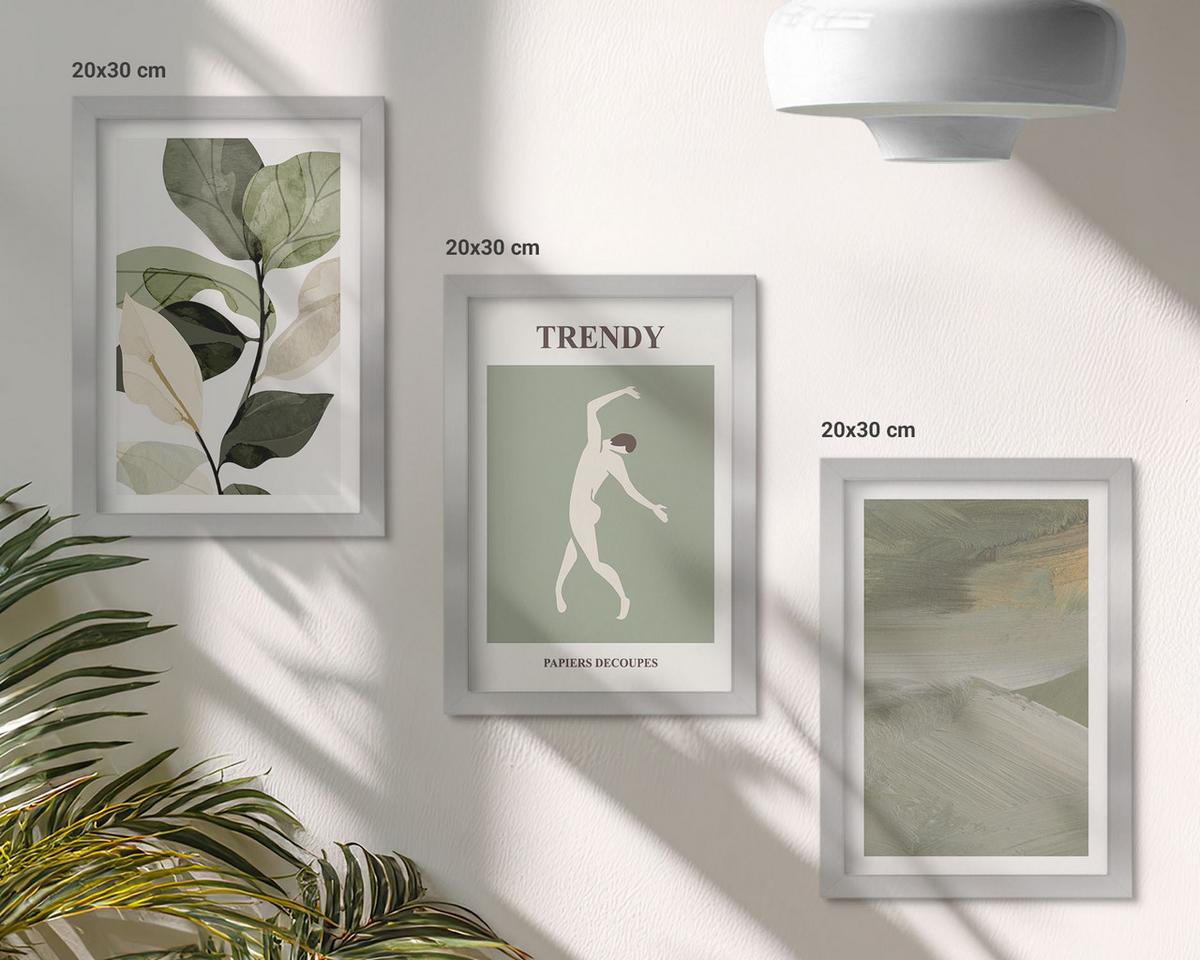 BILDER SET 3er Set - 20x30 cm Silberner Rahmen - Abstrakte Pflanzensilhouettenmuster - Silberfarben, Kunststoff (20/30cm) - TULUP