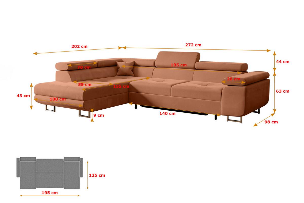 ECKSOFA mit Schlaffunktion und Bettkasten GUSA-L 272x202x107 cm Koralle Velours - Koralle/Silberfarben, Holzwerkstoff/Textil (272/202cm) - ALTDECOR