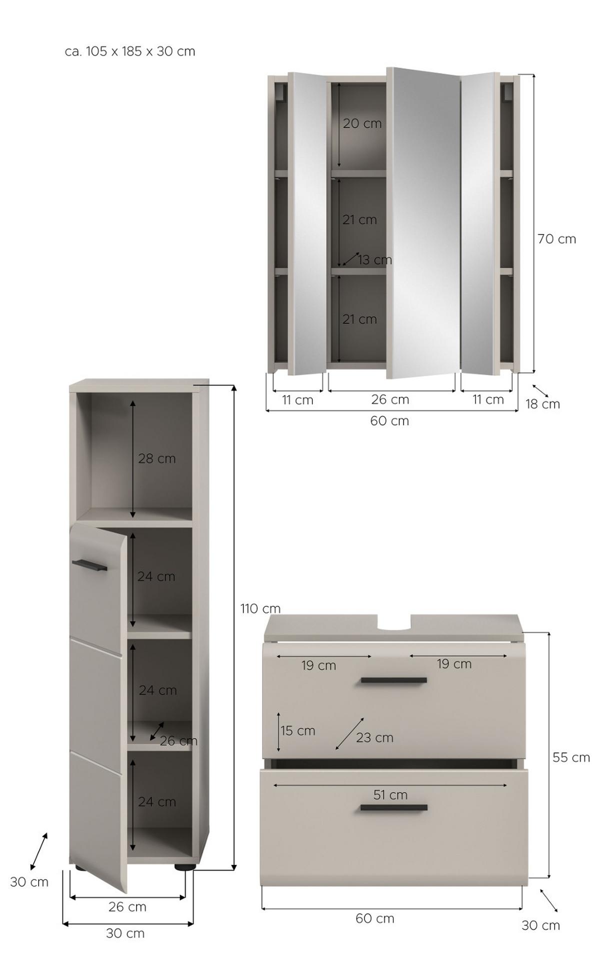 BADMÖBEL-SET Kaschmir 3-teilig 105 cm, Badkombination in modernem Design - Kaschmir/Schwarz, Glas/Holzwerkstoff (105/185/30cm) - Inn.Furn