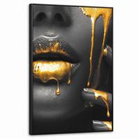 LEINWAND Bilder mit Rahmen - Frau - Schwarz - Gold - Gesicht - Lippen - 60x90 - Goldfarben, Textil (60/90cm) - MuchoWow