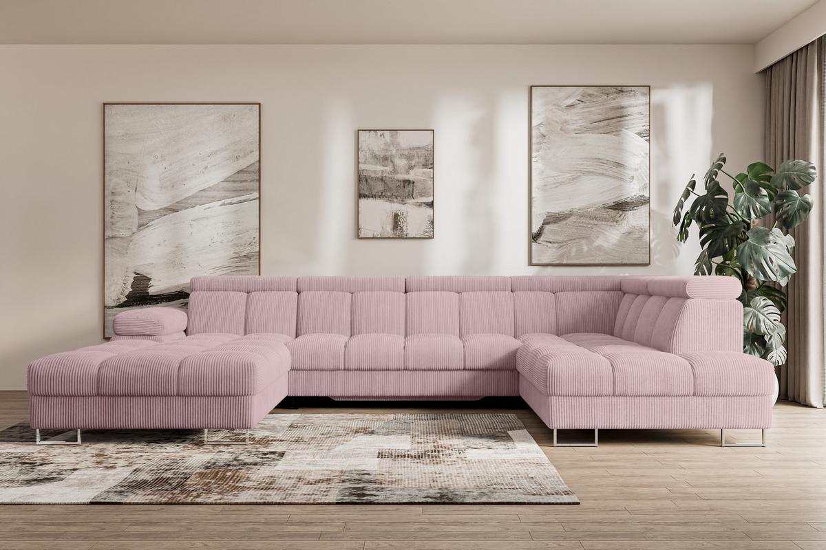 WOHNLANDSCHAFT mit Schlaffunktion und Bettkasten Ottomane RECHTS COMA U 345x203x79 Rosa Cord - Rosa, Holzwerkstoff/Textil (203/79/345cm) - ALTDECOR