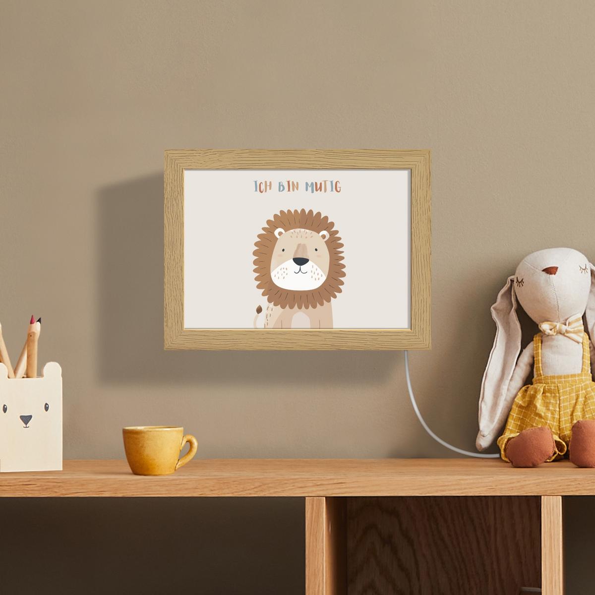 WANDLEUCHTE Löwe - Beige - Tier - Mutig - Zitat 20x15 cm - Beige, Holzwerkstoff (20/15/8cm) - OnlyWow