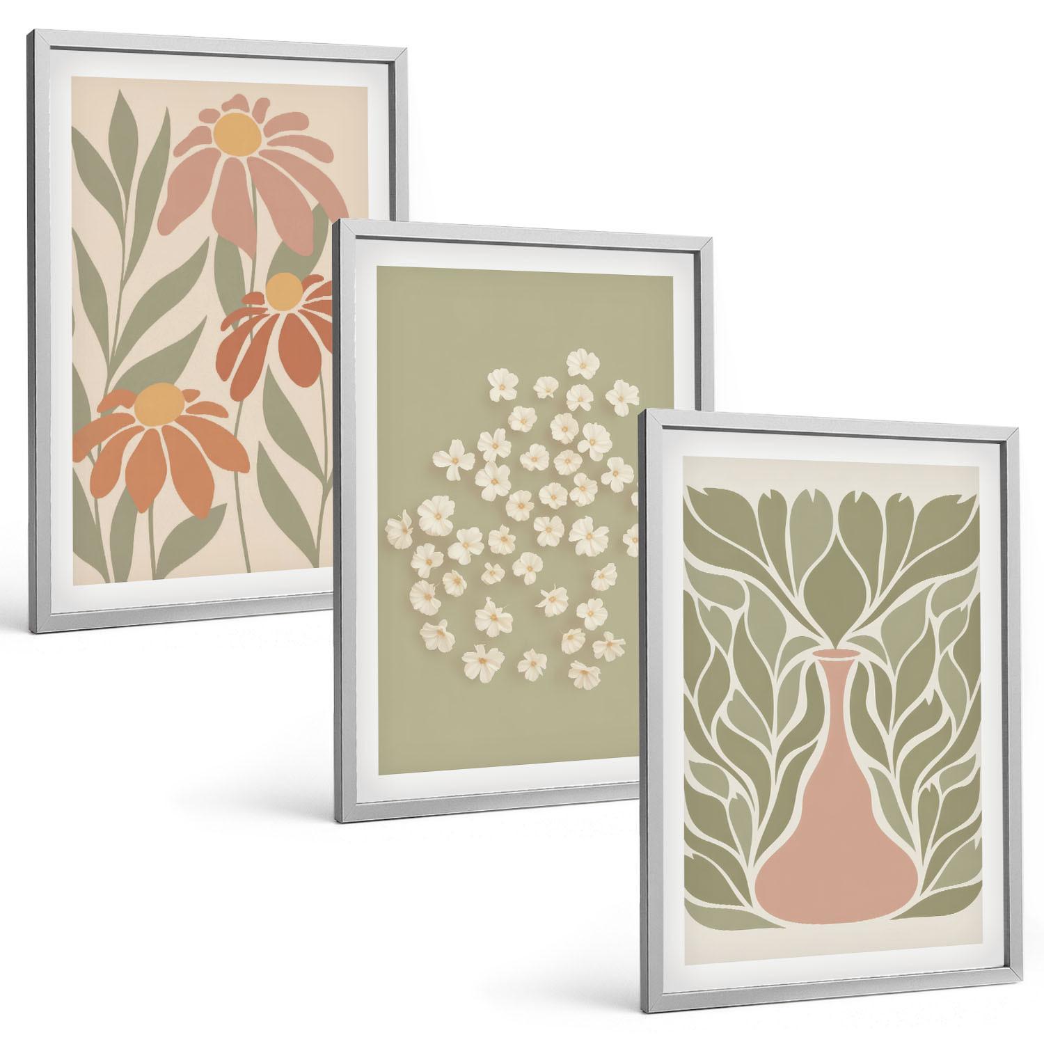 BILDER SET 3er Set - 40x60 cm Silberner Rahmen - Florale Boho-Muster - Silberfarben, Kunststoff (40/60cm) - TULUP
