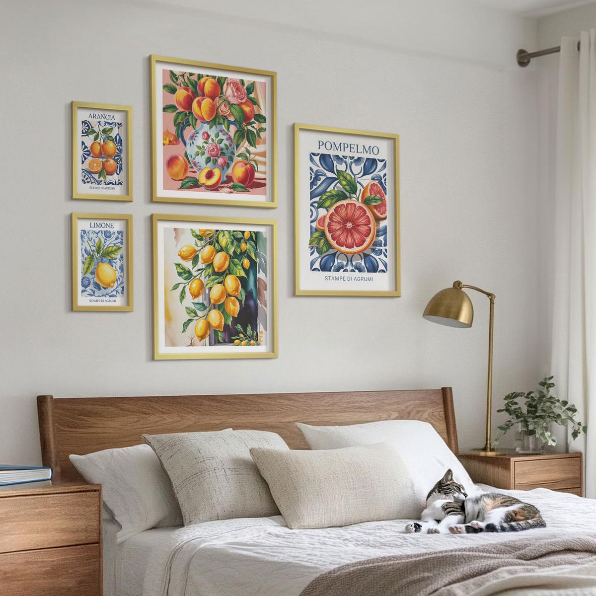 BILDER SET 5er Set - 50x50 cm & 20x30 cm & 40x60 cm Goldrahmen - Illustrationen von Zitrusfrüchten - Goldfarben, Kunststoff (40/60cm) - TULUP