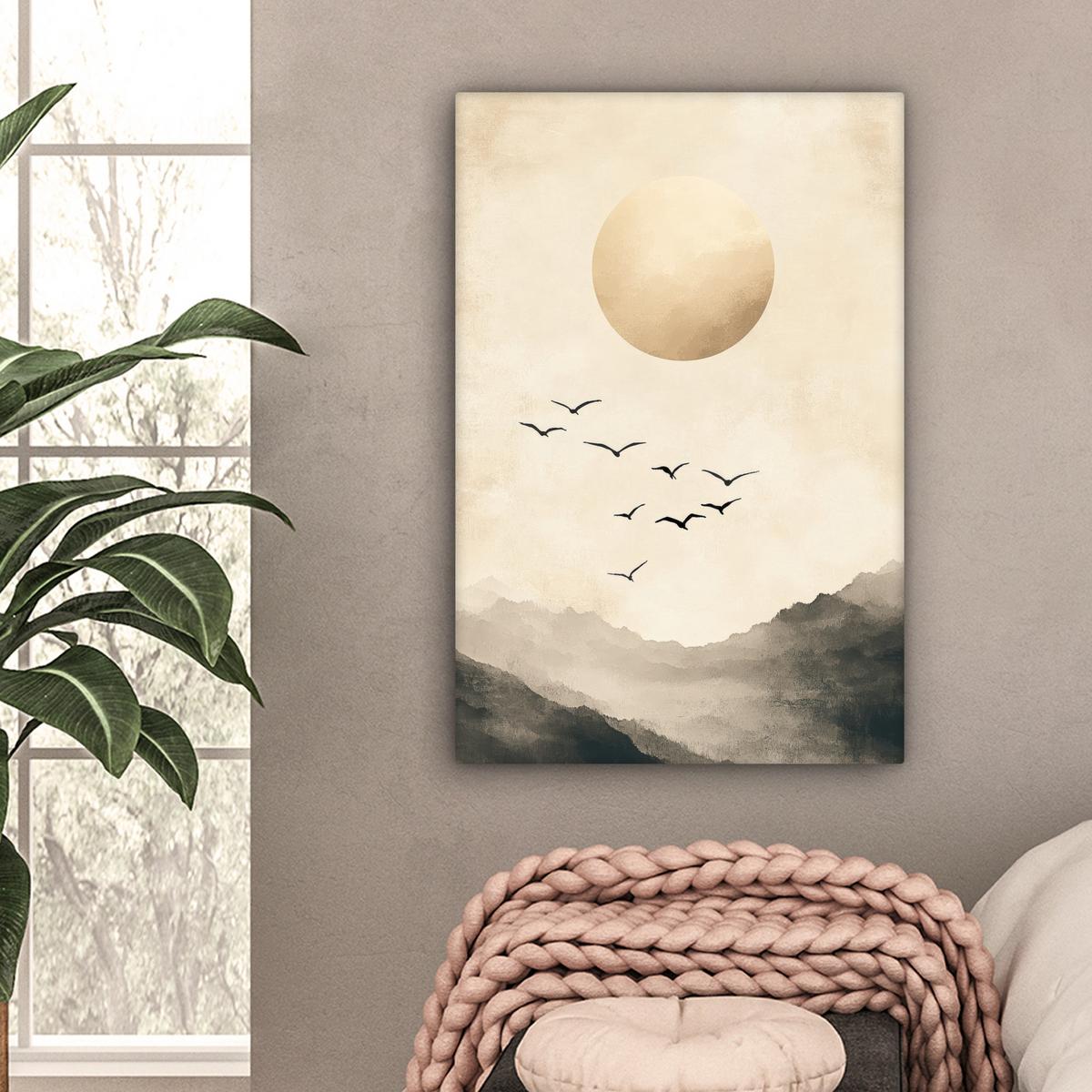LEINWANDBILD Landschaft - Japandi - Vogel Wanddeko 40x60 cm - Beige, Textil (40/60cm) - MuchoWow