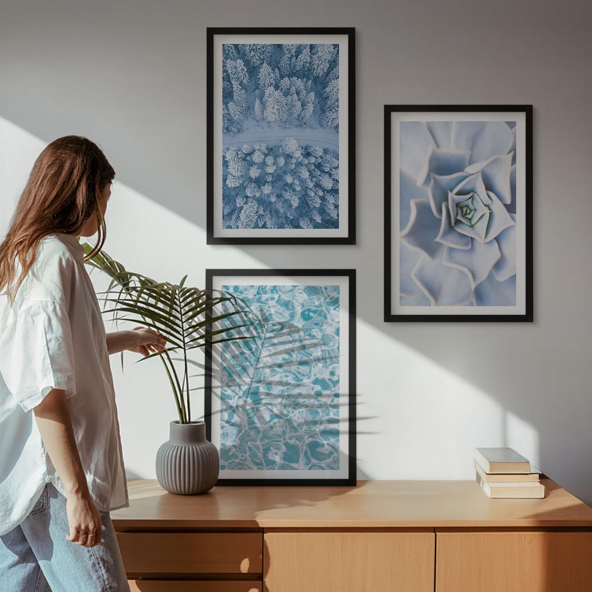 BILDER SET 3er Set - 40x60 cm Schwarzer Rahmen - Winterwald blaue Blume Wasser - Schwarz, Kunststoff (40/60cm) - TULUP