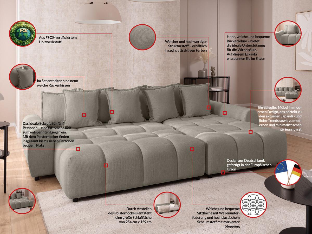 ECKSOFA inkl. Hocker Bubble mit Schlaffunktion und losen Rückenkissen, Sitzfläche Bubble-Optik aus weichem Taupe Strukturstoff - Ottomane Rechts - Taupe/Schwarz, Holz/Kunststoff (306/180cm) - S-Style Möbel