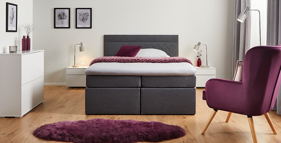 Schlafzimmer-Boxspringbett-Dunkelgrau-Schaumstoffkern-Bonellfederkernmatratze-Topper-moemax