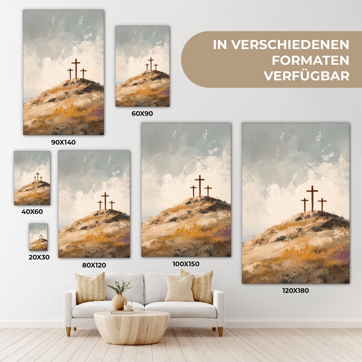 LEINWANDBILD Hügel - Abstrakt - Christentum - Kreuz Deko Wohnzimmer 20x30 cm - Hellgrau, Textil (20/30cm) - MuchoWow