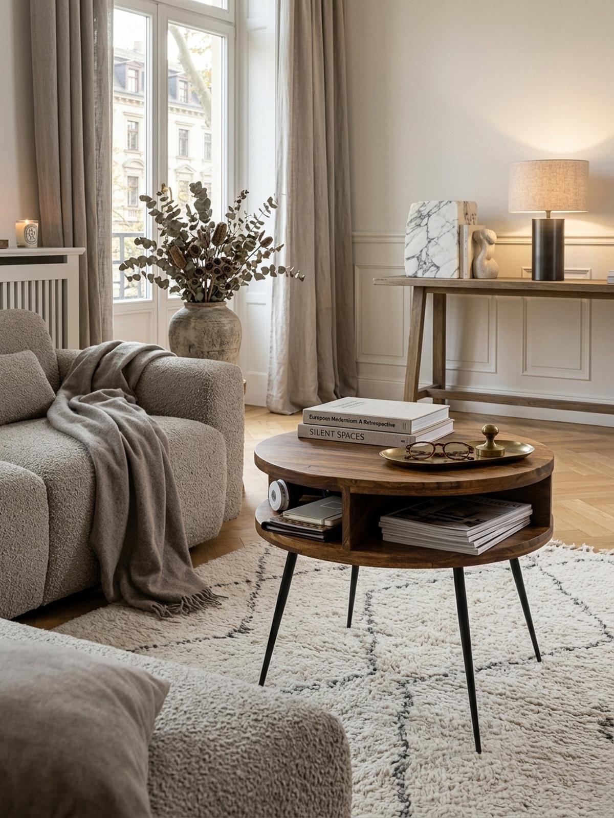 COUCHTISCH aus Sheesham Massivholz, Rund mit 4 Ablagefächern, Gestell aus Schwarzem Metall - Schwarz/Braun, Holz/Metall (60/60/45cm) - KADIMA DESIGN