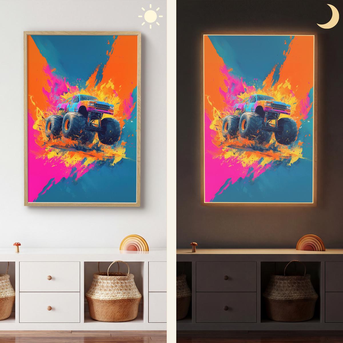 WANDLEUCHTE MIT AKKU Monstertruck - Abstrakt - Farbspritzer - Farbenfroh 60x90 cm - Pink, Holzwerkstoff (60/90/8cm) - OnlyWow