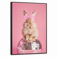 LEINWAND Bilder mit Rahmen - Schleife - Discoball - Kaninchen - 70x100 - Pink, Textil (70/100cm) - MuchoWow