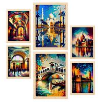 POSTER Set Mit 6 Fluss Im Ölgemälde Stil A3 & A4 Rahmen Aus Hellem Holz - Beige, Papier (29/3cm) - Nacnic