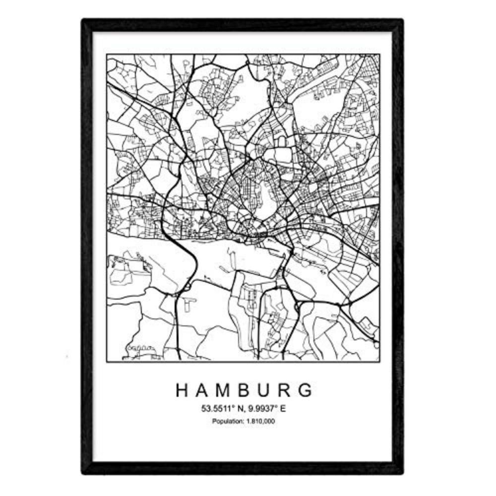 POSTER Hamburg Nordischer Stil A3 Schwarzer Rahmen - Schwarz, Papier (29.7/5/42cm) - Nacnic