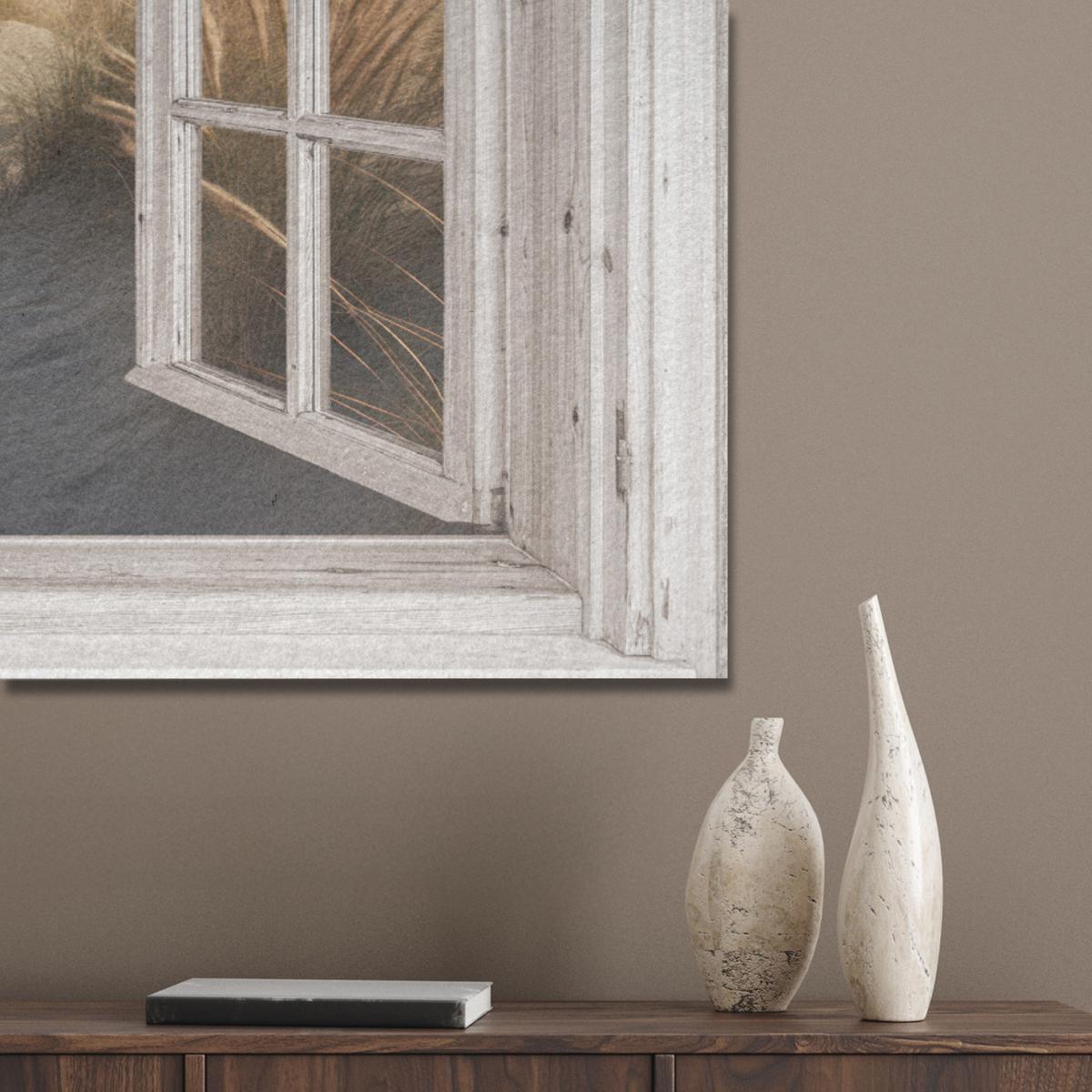 AKUSTIKBILD Fenster - Meer - Küste - Natur - Ausblick - Strand - Wattenmeer Wandbild Wohnzimmer 100x70 cm - Beige, Kunststoff (100/70/0.9cm) - MuchoWow