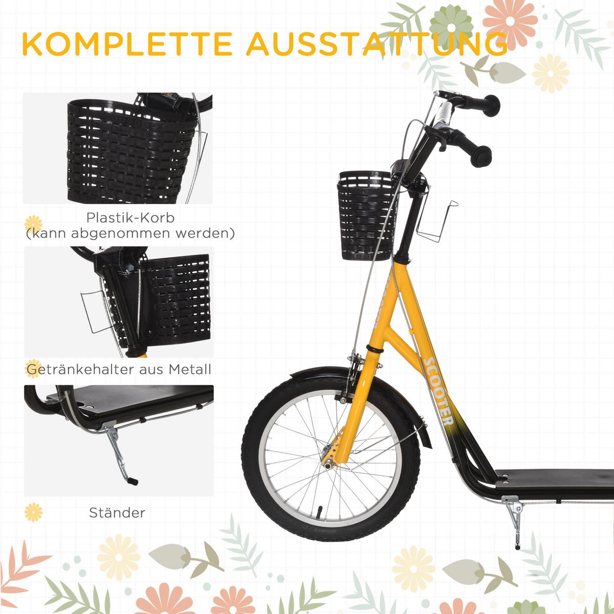 KINDER Roller Höhenverstellbar Tretroller mit groß Gummirädern, 2 Bremsen Orange - Orange, Metall (139/58/96cm) - HOMCOM