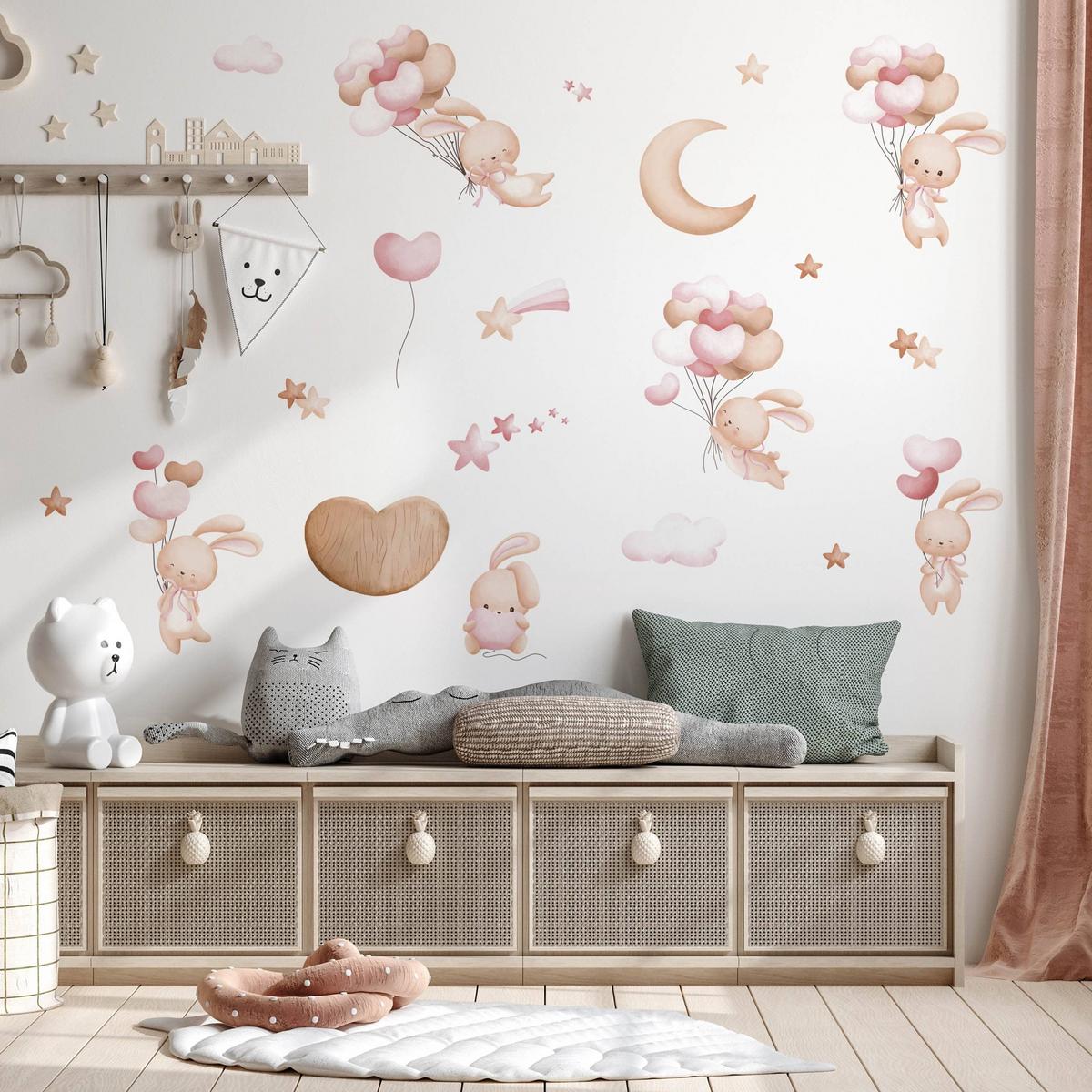 STICKER SET für Kinder Kaninchen Herzen Ballons Sterne 120x60 - Beige/Rosa, Papier (120/60/1cm) - Muralo