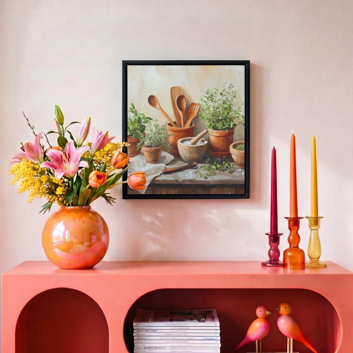 LEINWAND Bilder mit Rahmen - Töpfe - Kräuter - Holz - 20x20 - Terracotta, Textil (20/20cm) - MuchoWow