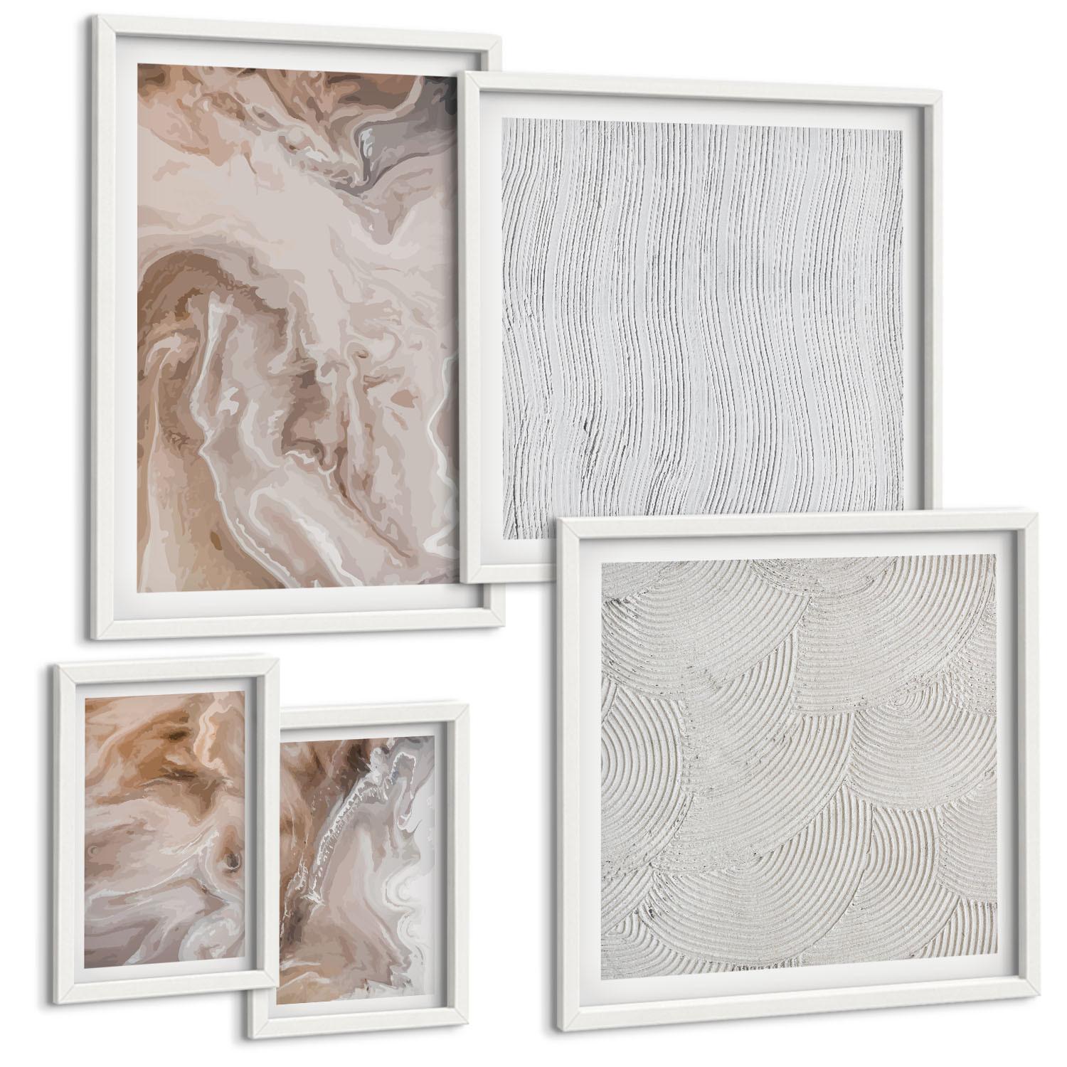BILDER SET 5er Set - 50x50 cm & 20x30 cm & 40x60 cm Weißer Rahmen - Abstrakte Marmormuster aus Stein - Weiß, Kunststoff (40/60cm) - TULUP