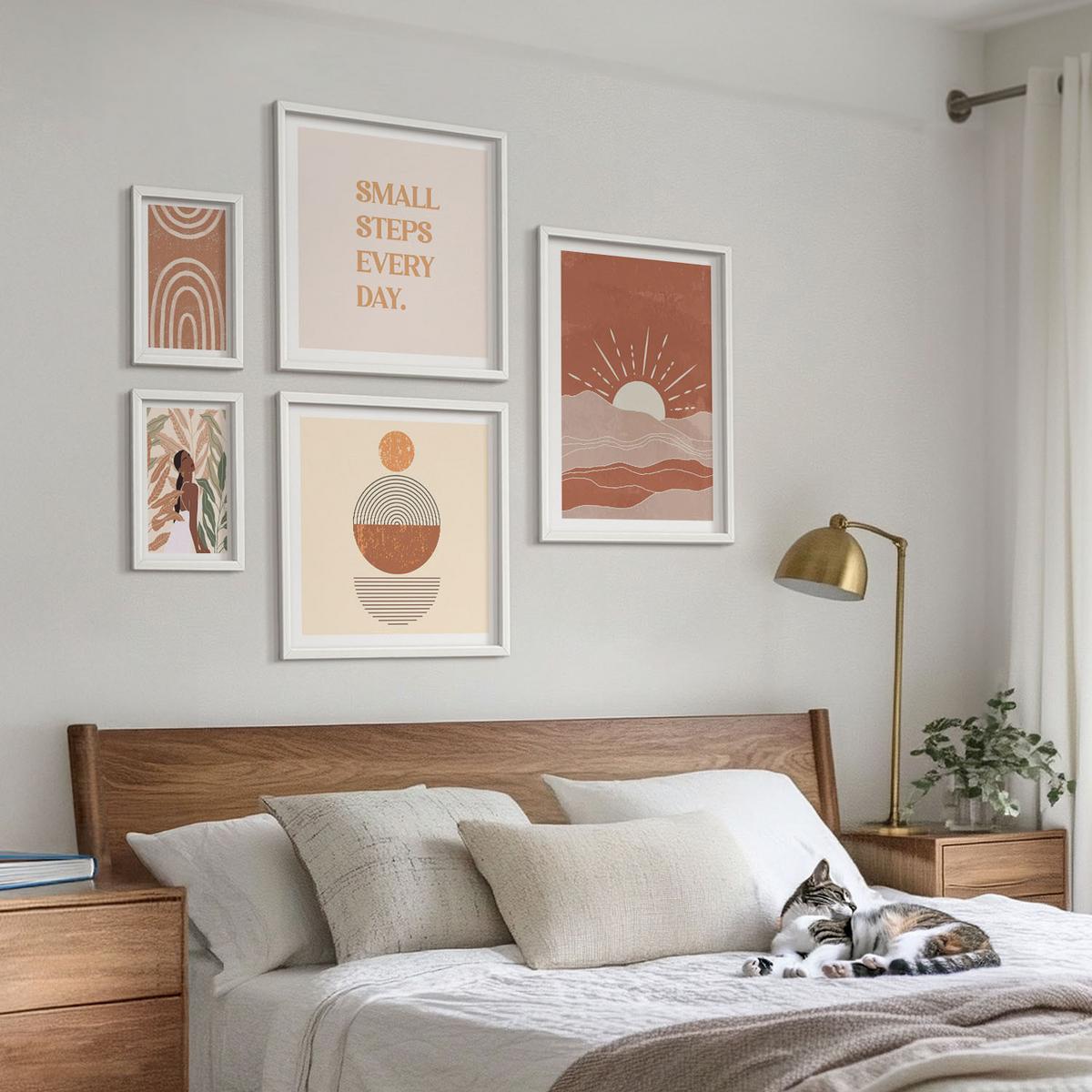 BILDER SET 5er Set - 50x50 cm & 20x30 cm & 40x60 cm Weißer Rahmen - Ein entspannter Buddha am Strand - Weiß, Kunststoff (40/60cm) - TULUP