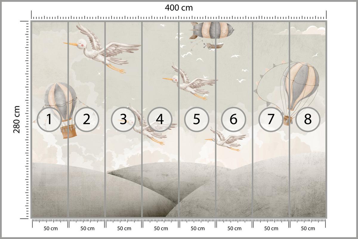 FOTOTAPETE für Kinderzimmer Boho Störche Aquarell Balon Luftschiff Himmel 400x280 - Beige/Weiß, Papier (400/280cm) - Muralo