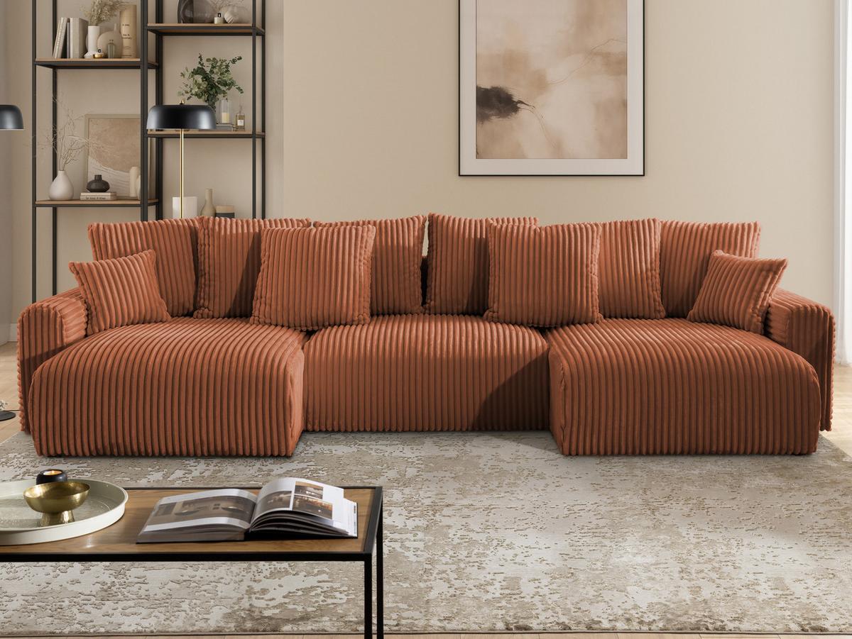 WOHNLANDSCHAFT Calma mit Schlaffunktion und Bettkasten im Bumpy-Design aus weichem Terrakotta Plüschcord - Beige/Terracotta, Holz/Textil (336/88/140cm) - S-Style