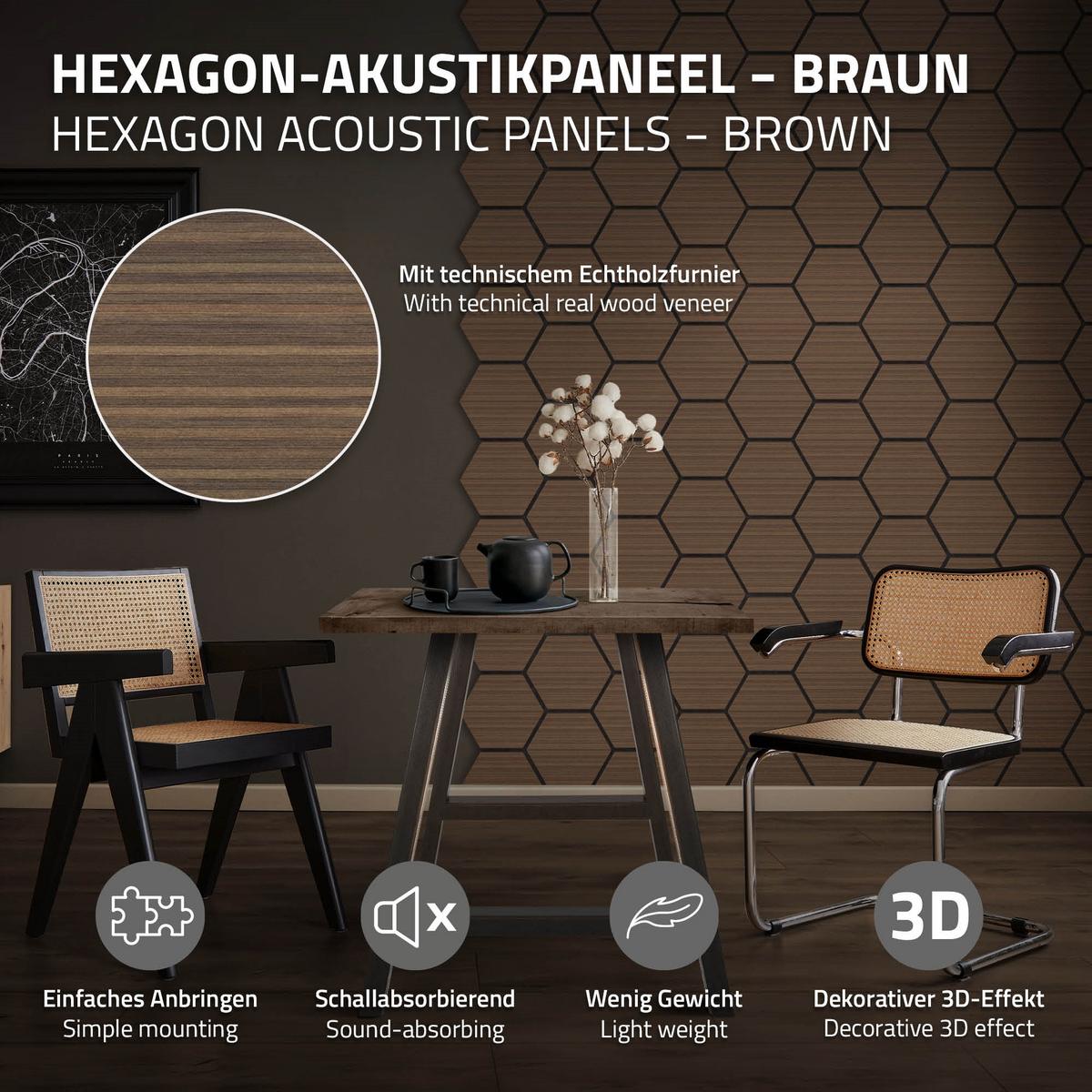 AKUSTIKPANEEL 2er Set Schallschutzplatten Hexagon Braun Holzoptik 66x81x2 cm aus Filz - Braun, Holzwerkstoff (2.1/81.1/66.6cm) - ML-DESIGN