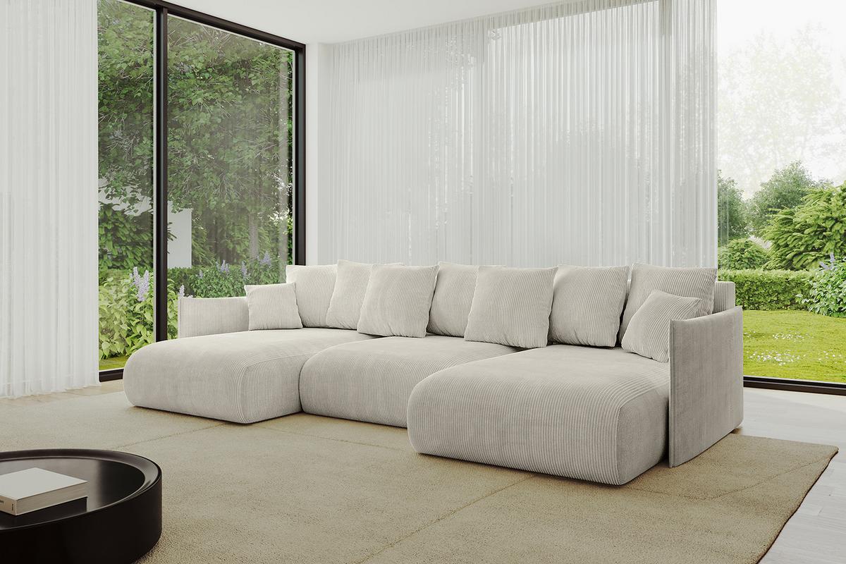 WOHNLANDSCHAFT mit Schlaffunktion und Bettkasten ONESK-U 317x177x72 Creme Cord - Ecru/Creme, Holzwerkstoff/Kunststoff (317/72/177cm) - ALTDECOR