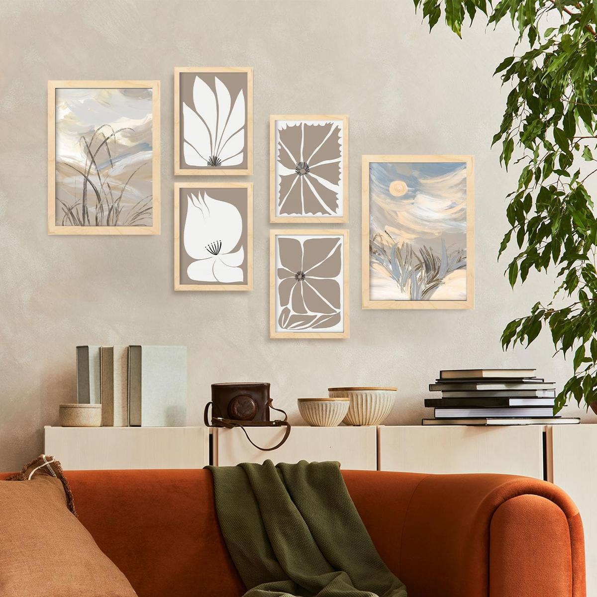 POSTER Set Mit 6 Latente Natur In Kulissen Abstracts Ästhetische Dekorative Gemälde Für Ihr Wohnzimmer Zuhause A3 & A4 Rahmen Aus Hellem Holz - Beige, Papier (29/3cm) - Nacnic