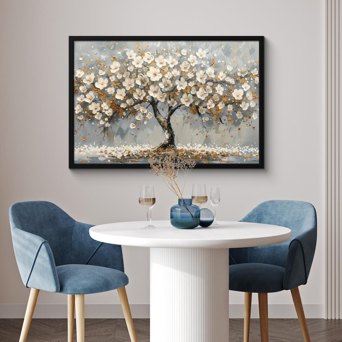 POSTER MIT RAHMENGERAHMTES BILD Baum - Blumen - Weiß - Natur - Kunst 90x60 cm - Weiß, Papier (90/60cm) - MuchoWow