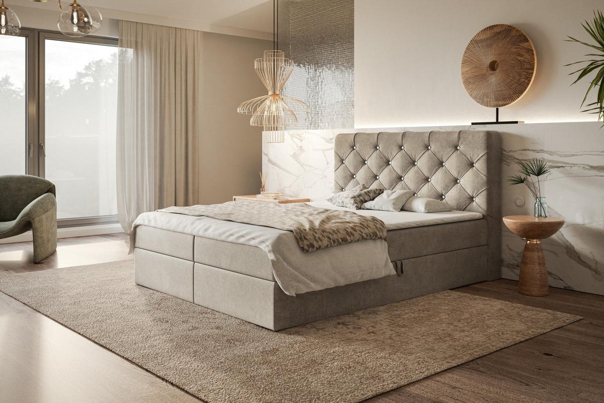 BOXBETT BOSTON mit 2 Bettkästen, 180x200, Farbe: Sand, Velourstoff, Doppelbett mit Bonell-Matratze - Sahara, Holz/Kunststoff (180/200cm) - Alpi-Möbel