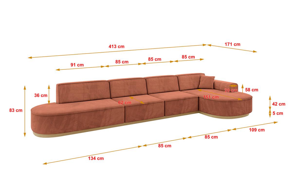 ECKSOFA Ottomane Rechts MARI-L3-v2 - 413x171x83 cm Koralle Velours - Koralle, Holzwerkstoff/Textil (171/413cm) - ALTDECOR