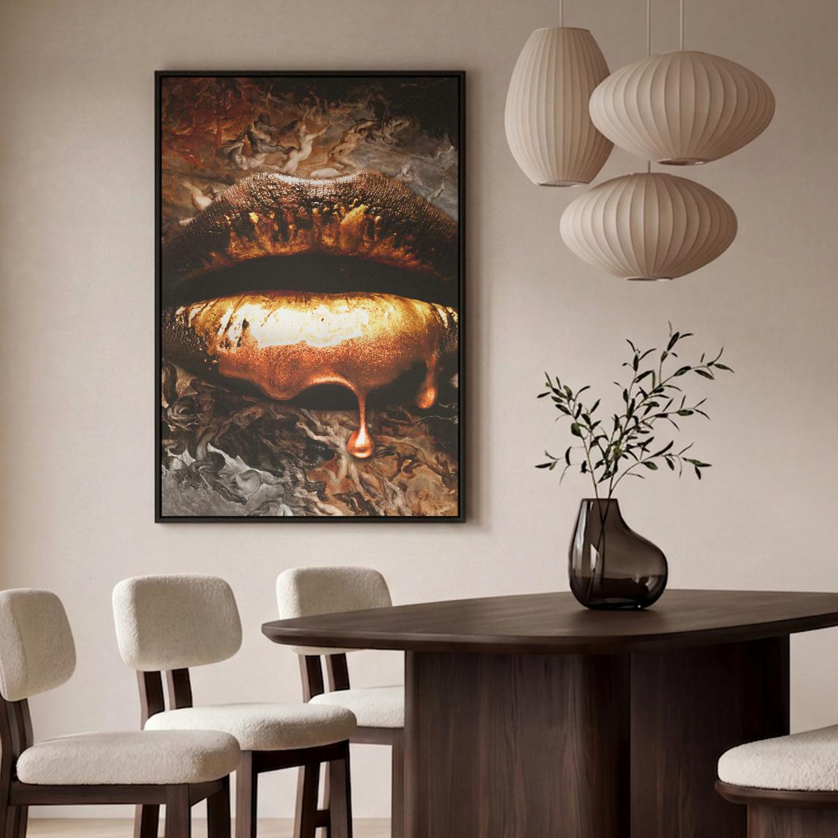 LEINWAND Bilder mit Rahmen - Gold - Lippen - Kunst - Gold - Luxus - Abstrakt - 100x150 - Kupferfarben, Textil (100/150cm) - MuchoWow