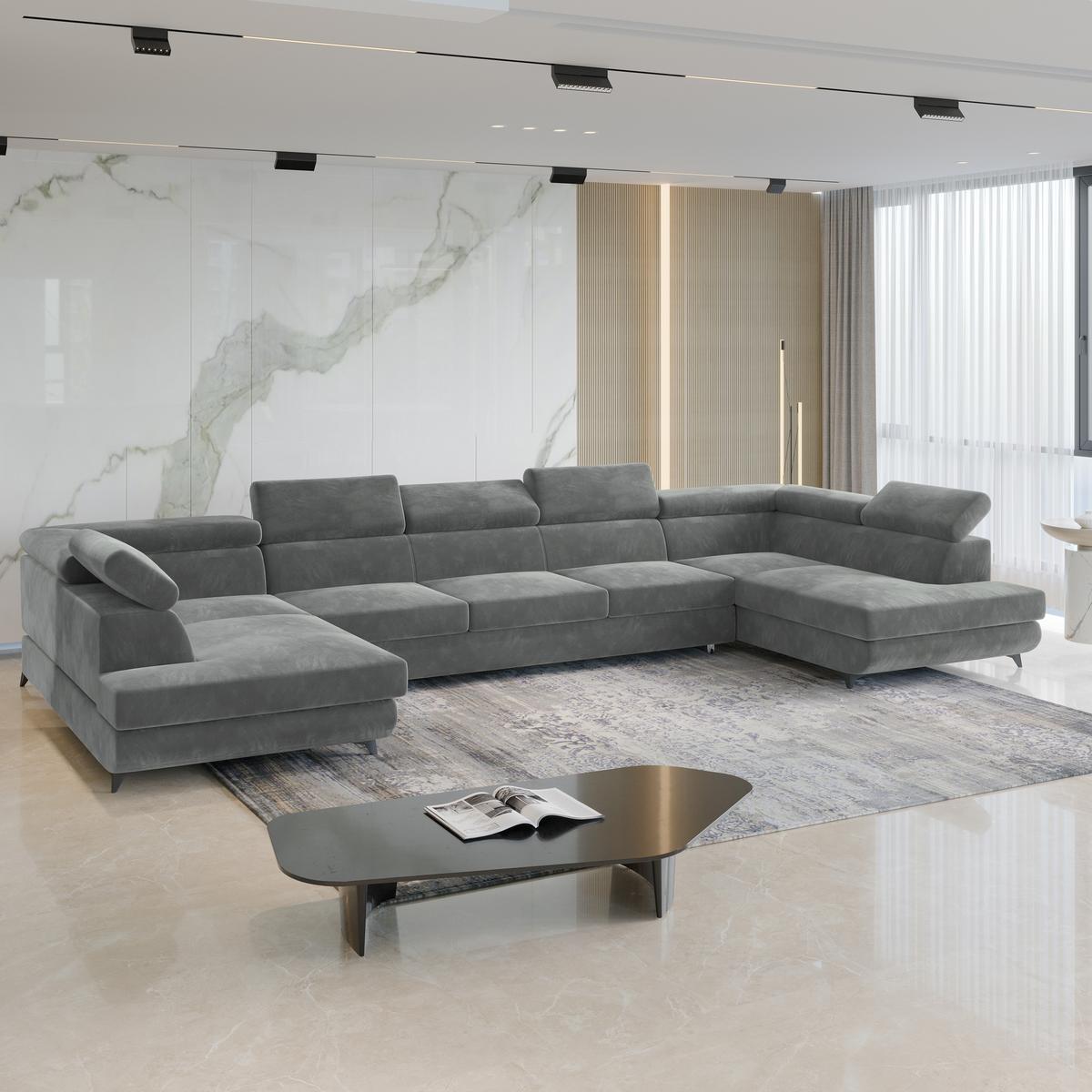 WOHNLANDSCHAFT URMANO Grau Velours-Stoff mit Schlaffunktion - Grau, Holz (395/89/190cm) - MASSENO