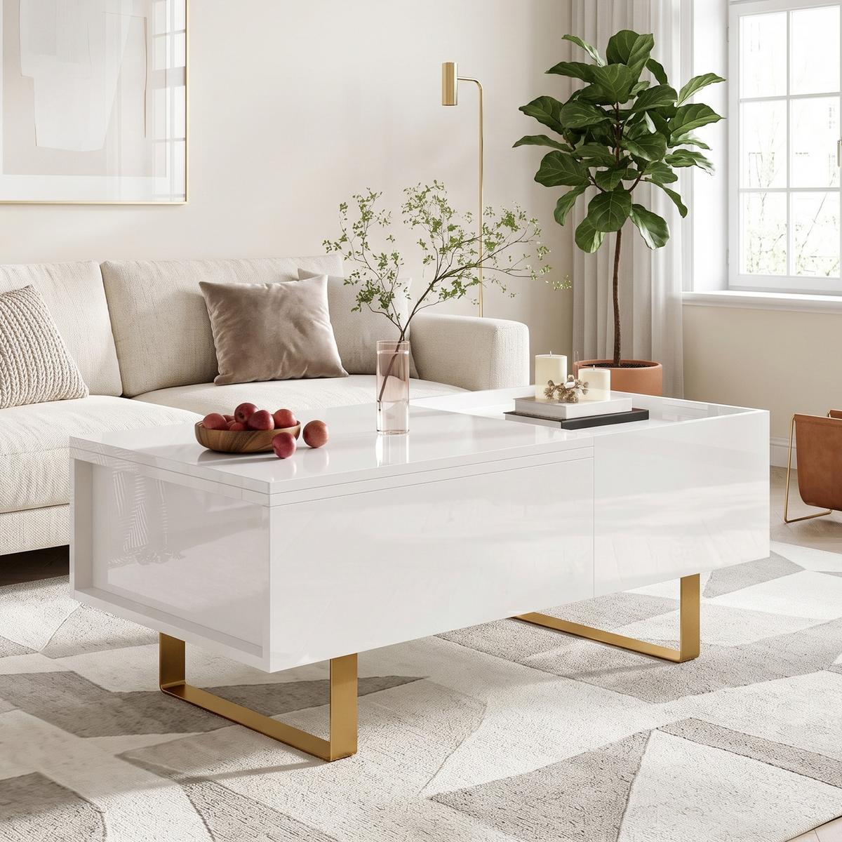 COUCHTISCH Höhenverstellbar Weiß Hochglanz mit Schublade - Weiß, Holzwerkstoff (50/100/54.5cm) - Urban Meuble