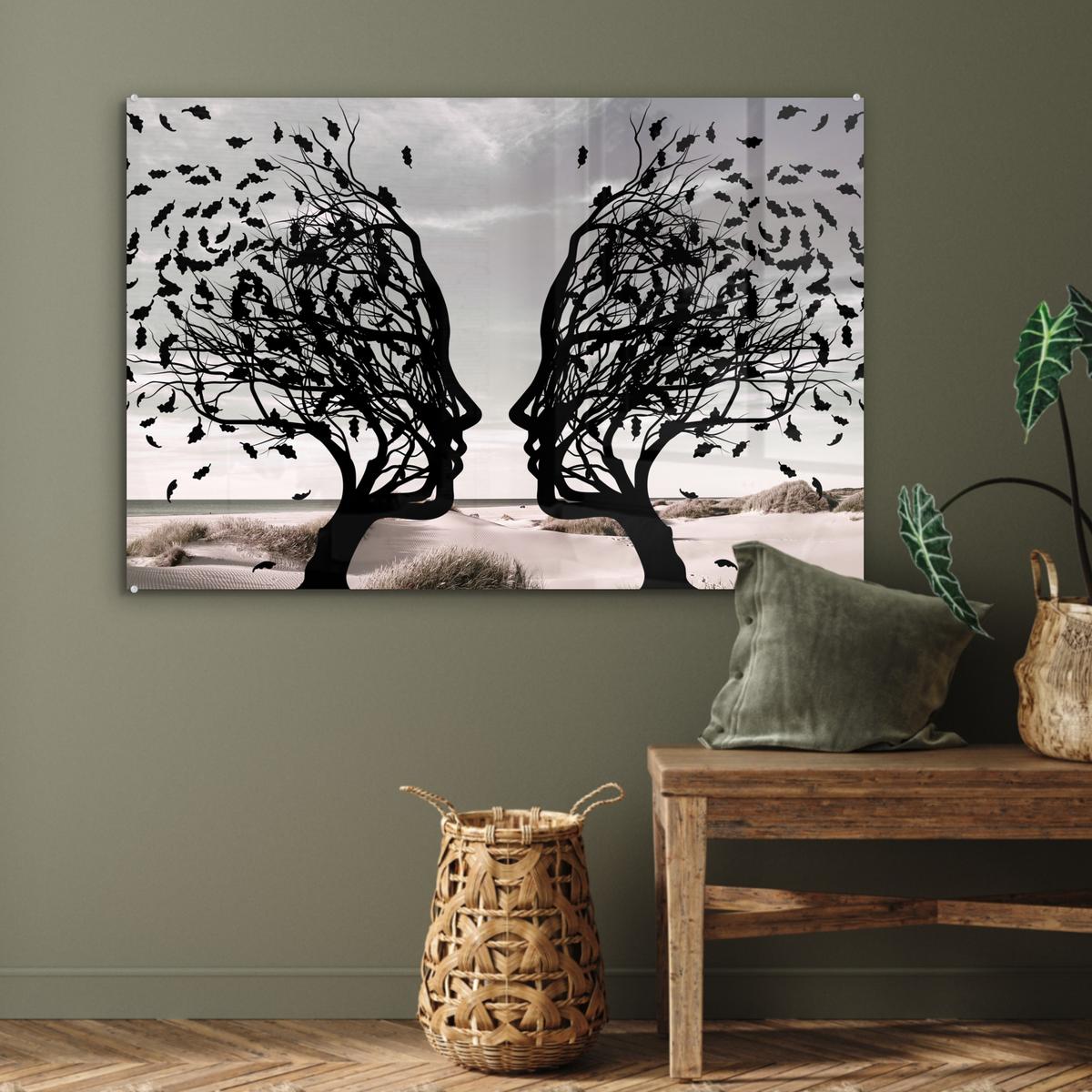 ACRYLGLASBILD Strand - Meer - Menschen - Baum - Moderne Kunst Room Decor 90x60 cm - Hellgrau, Glas (90/60cm) - MuchoWow