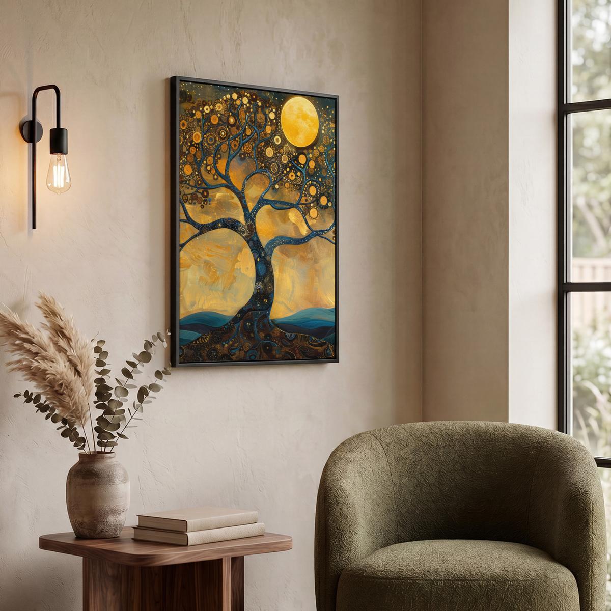 LEINWAND Bilder mit Rahmen - Baum - Mond - Blumen - Gold - Kunst - 60x80 - Orange, Textil (60/80cm) - MuchoWow