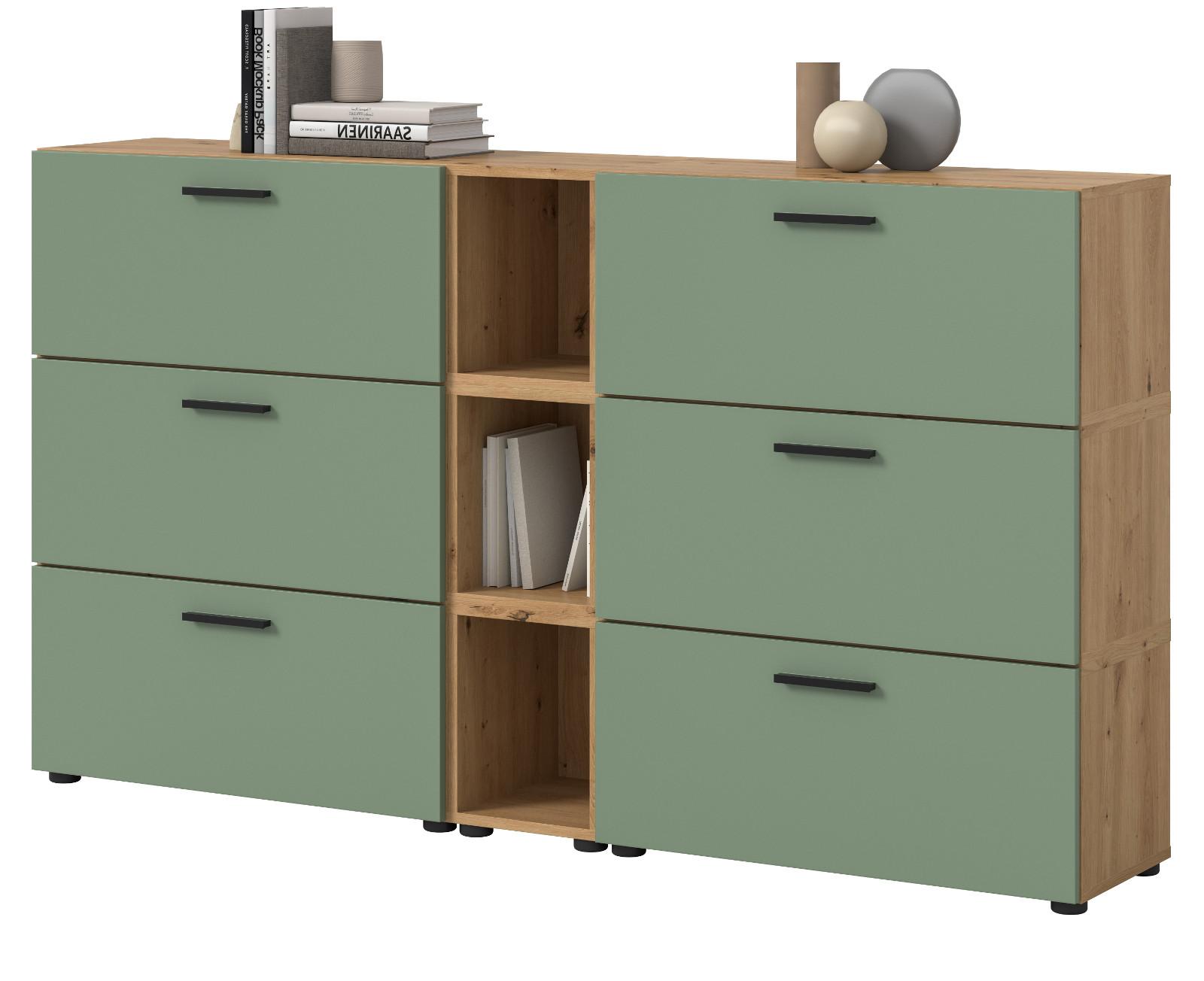 SIDEBOARD grün, Eiche Artisan 176 cm, Kommode mit Soft-Close - Schwarz/Eiche Artisan, Holzwerkstoff/Kunststoff (176/99/34cm) - Inn.Furn