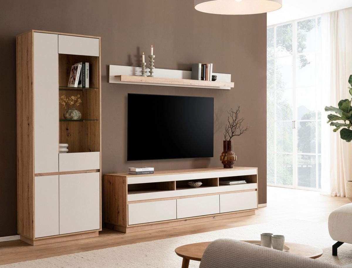 WOHNWAND Kaschmir, Artisan Eiche 3-teilig 292 cm, Schrankwand mit Soft-Close - Kaschmir/Eiche Artisan, Glas/Holzwerkstoff (292/205/45cm) - Furn.Design