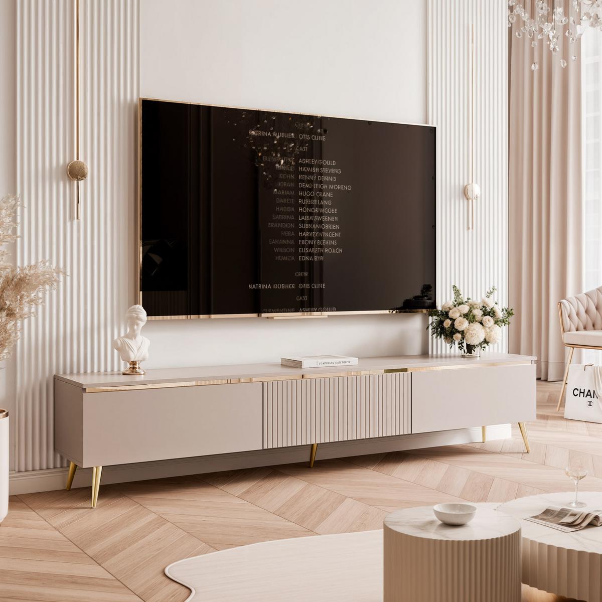 GERIFFELTER TV-Schrank SELIA 200 cm auf Füßen, Kaschmir mit goldener Zierleiste und LED-Beleuchtung - Kaschmir, Holzwerkstoff (200/42/35cm) - Idohome