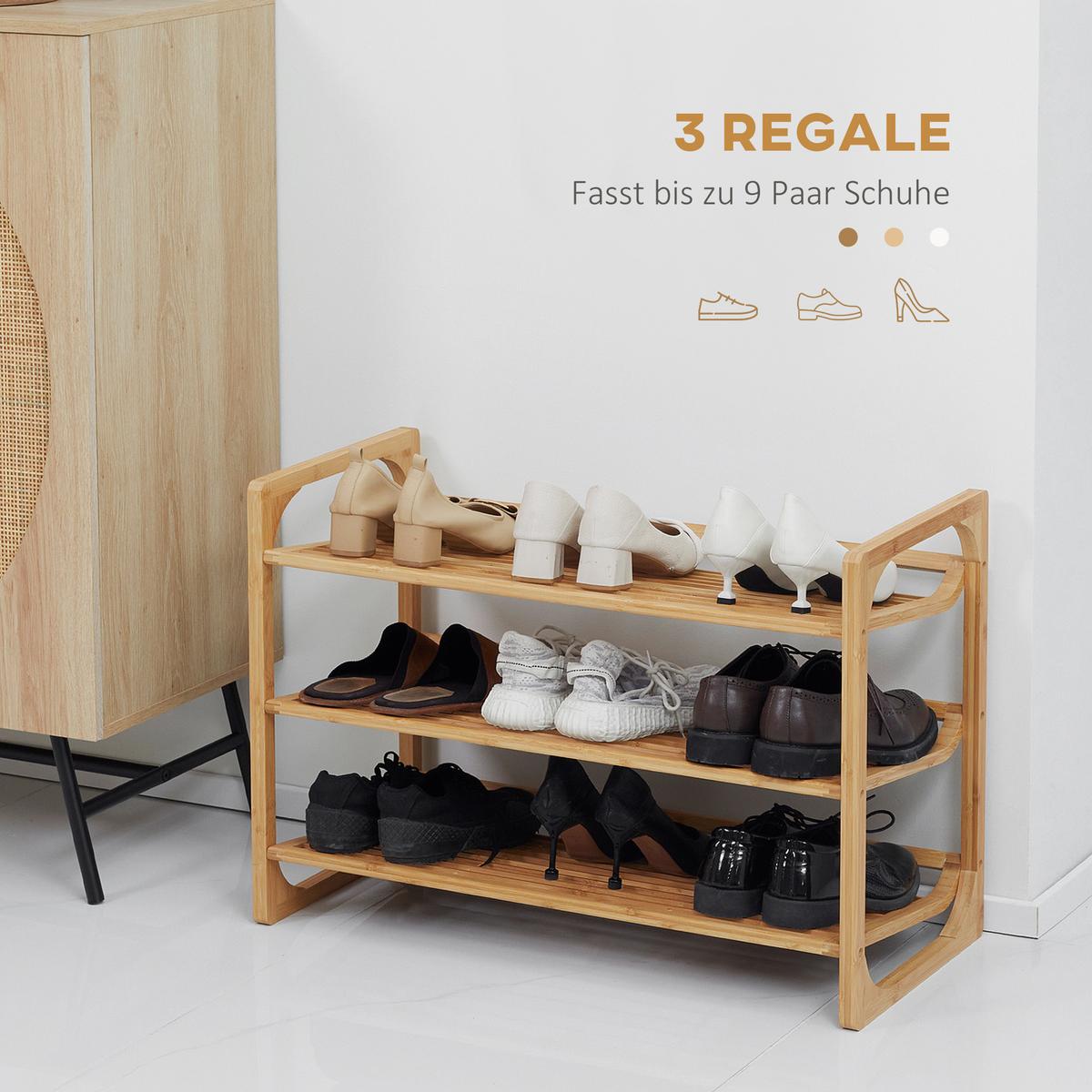 SCHUHREGAL mit 3 Ebenen, Schuhständer, Schuhablage für max. 9 Paar Schuhe - Naturfarben, Metall (33/51/76cm) - HOMCOM
