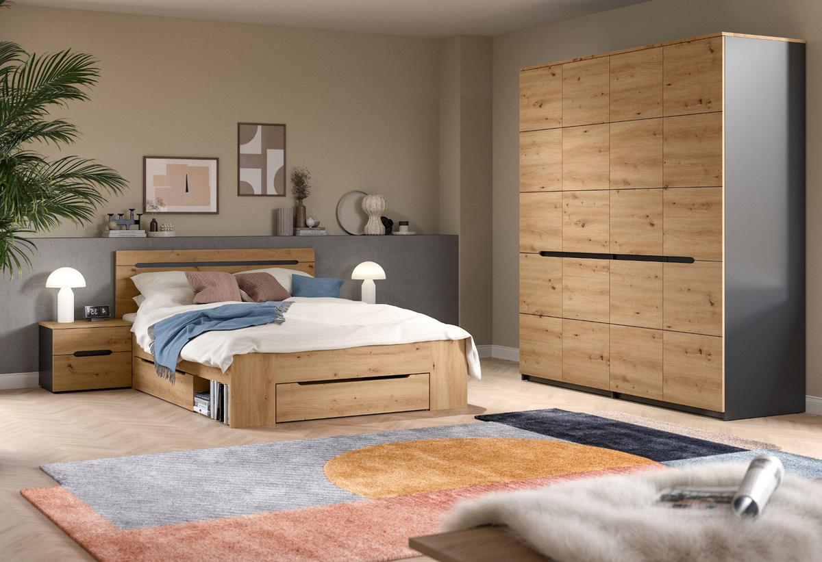 SCHLAFZIMMER Eiche Artisan, grau 4-teilig, Set mit Kleiderschrank, Bett und 2x Nachttisch - Eiche Artisan/Grau, Holzwerkstoff/Metall - Inn.Furn