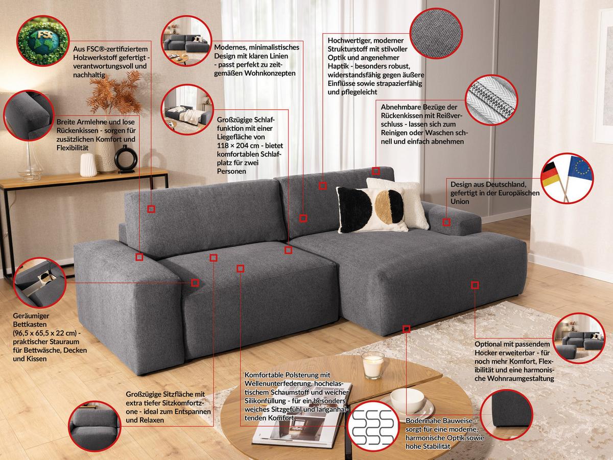 ECKSOFA inkl. Hocker Lennon aus Graphit Strukturstoff mit Schlaffunktion und Bettkasten - Graphitfarben/Schwarz, Holz/Kunststoff (264/137cm) - S-Style